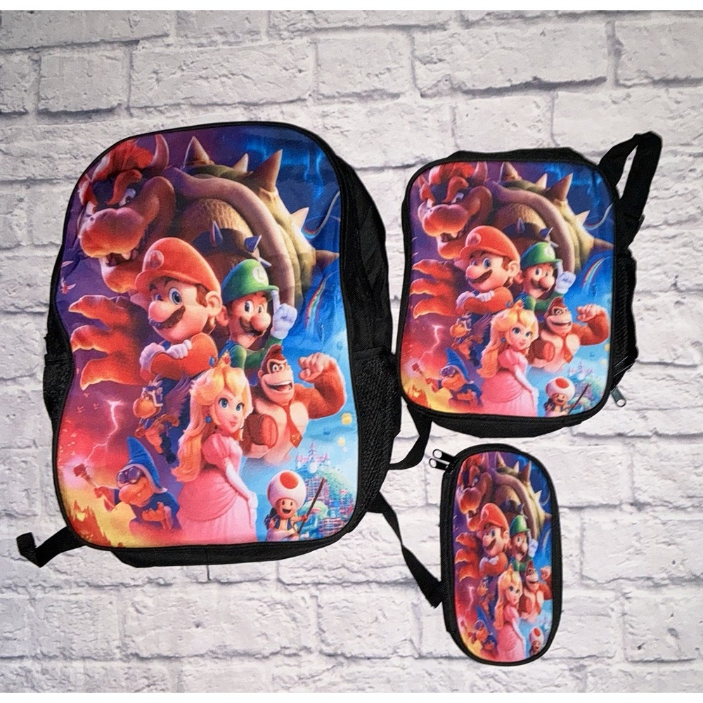 Super Mario Bros Movie 3pc School Backpack Cooler Lunch Bag‎ Pen Bag Lot New